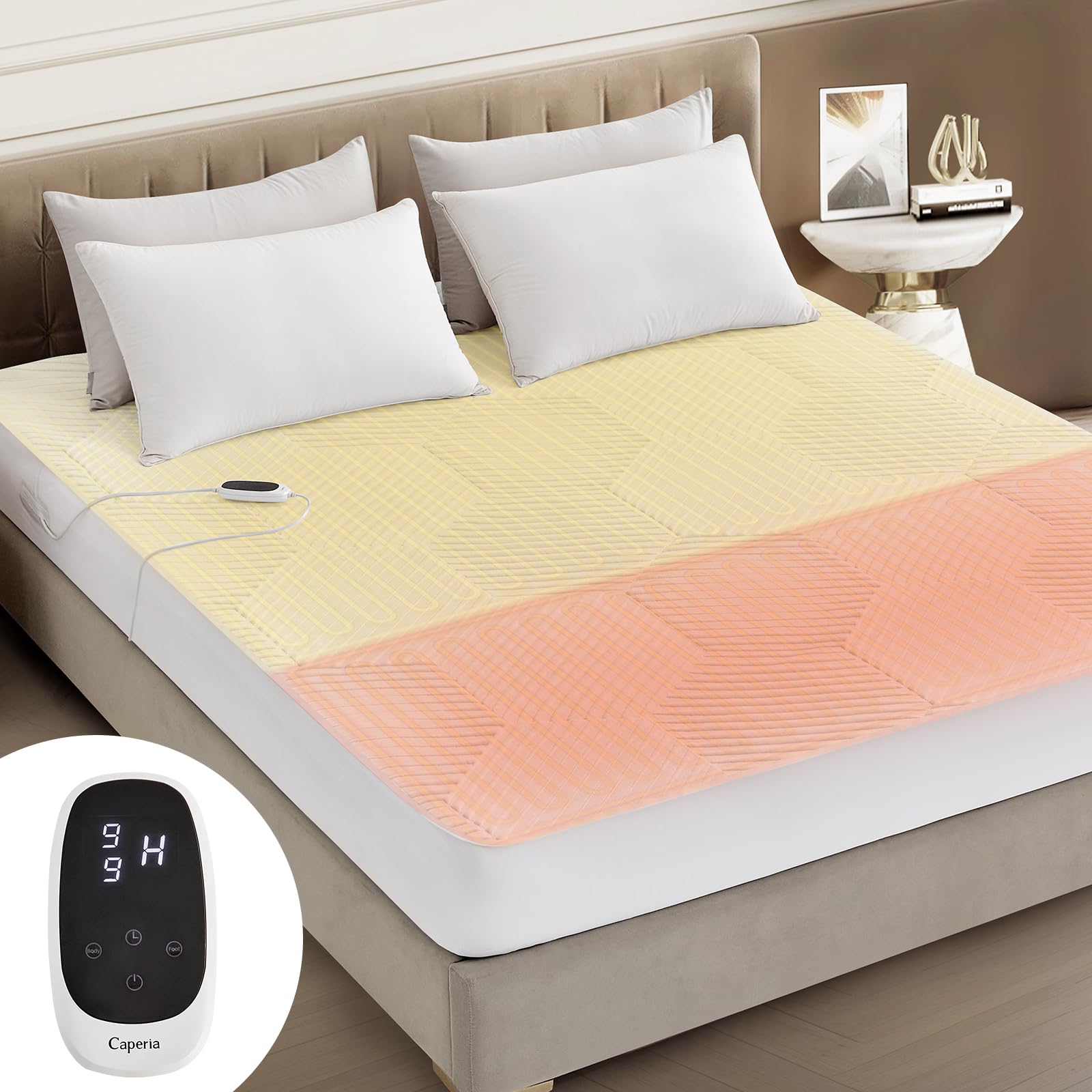 Caperia Multizone Waterproof Heated Mattress Pad, Individual Body & Feet Electric Mattress Bed Warmer 9 Heat Settings, 1-12 Hour